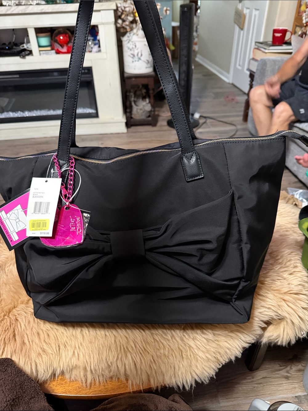 Betsy Johnson Large Black Bow Travel/Yoga Tote NWT